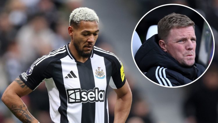 Joelinton of Newcastle United looks on during the Premier League match between Newcastle United FC and Crystal Palace. Inset, Eddie Howe, Manager o...