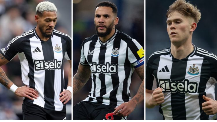 Split image of Joelinton of Newcastle United looks on during the Premier League match between Newcastle United FC and Crystal Palace and Jamaal Las...