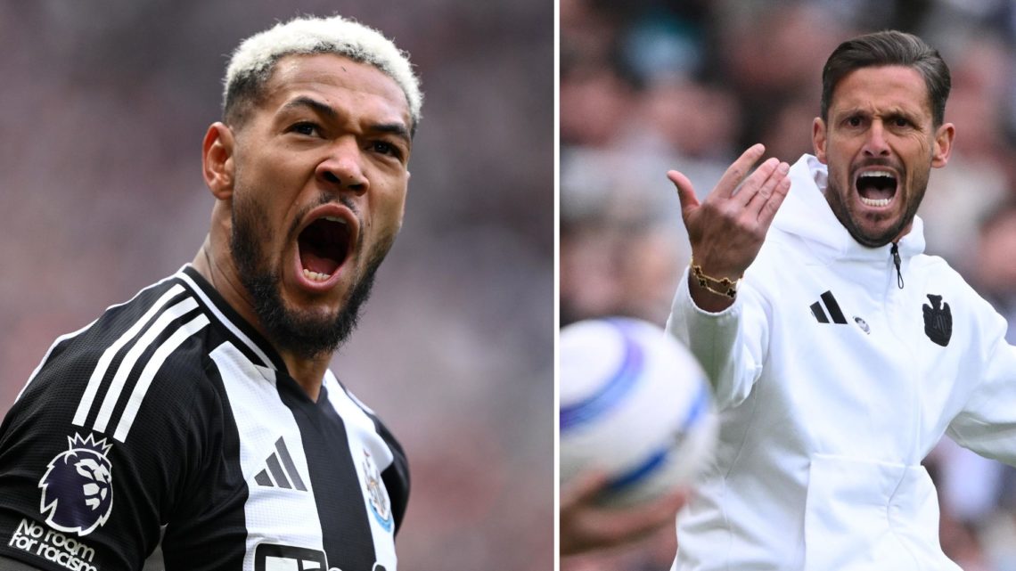 Split image showing Joelinton of Newcastle United celebrates after Harvey Barnes of Newcastle United (not pictured) scores his team's third goal du...