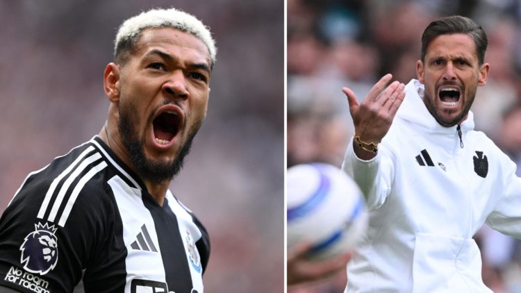 Split image showing Joelinton of Newcastle United celebrates after Harvey Barnes of Newcastle United (not pictured) scores his team's third goal du...