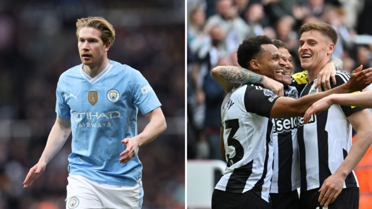 Split image of Manchester City star Kevin De Bruyne and Newcastle players celebrating.
