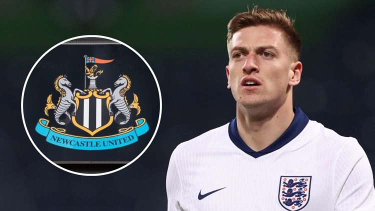 Liam Delap of England looks on during the Men's U21 international match between England and Portugal. Inset, the Newcastle United badge.