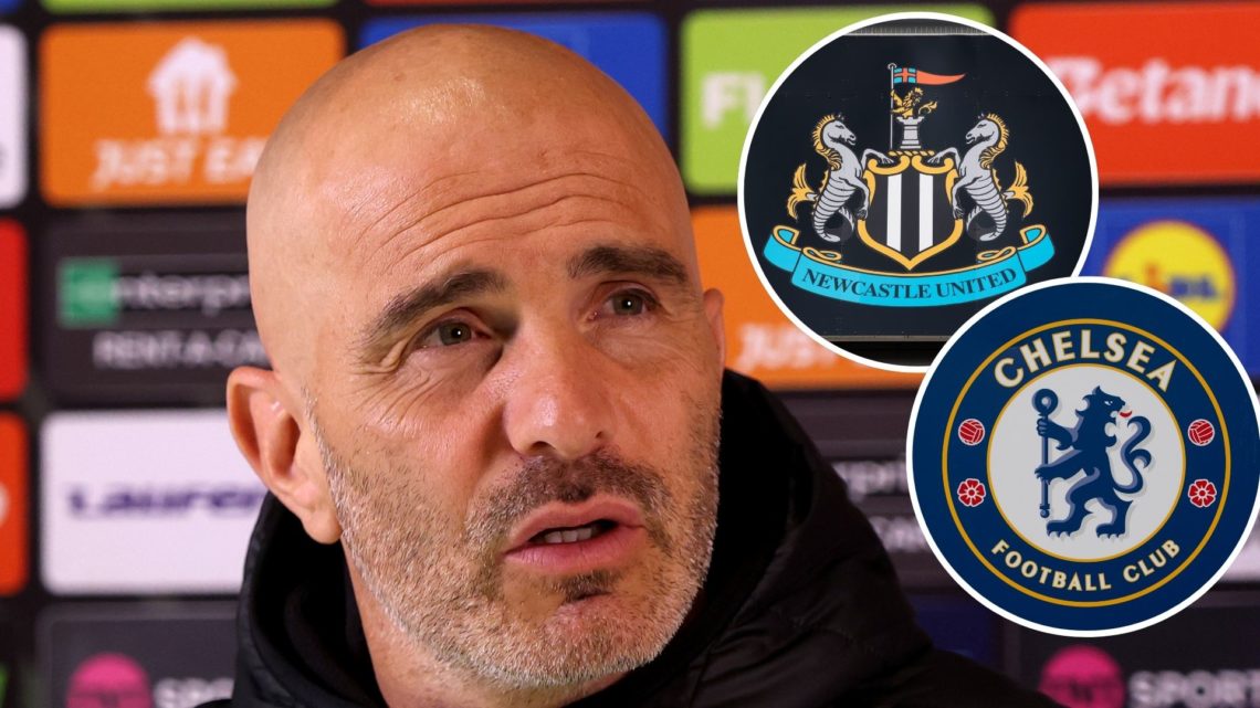 Enzo Maresca, Manager of Chelsea, speaks to the media in a post match press conference. Inset 1, A general view of a Newcastle United badge on the ...