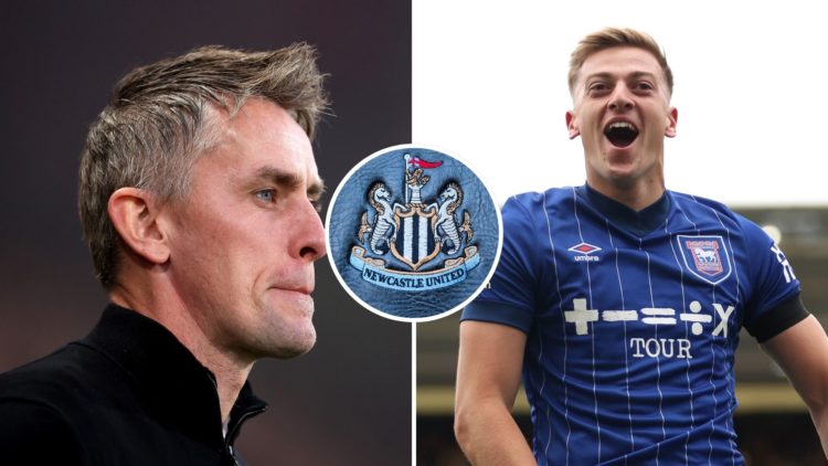 Split image showing Kieran McKenna, Manager of Ipswich Town during the Premier League match between AFC Bournemouth and Ipswich Town and Liam Delap...