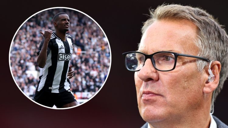 Paul Merson working for Sky Sports TV during the Premier League match between Manchester United and Arsenal. Inset, Alexander Isak of Newcastle Uni...