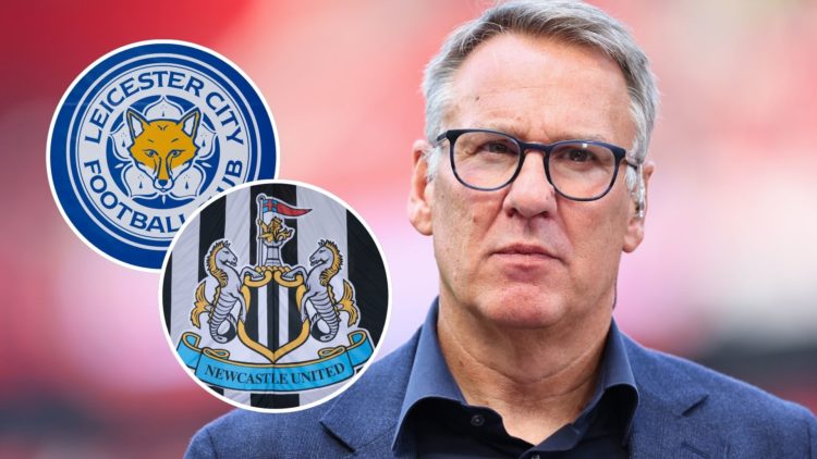 Image of Paul Merson working as a pundit for Sky Sports with inset images of the Leicester City and Newcastle United badge