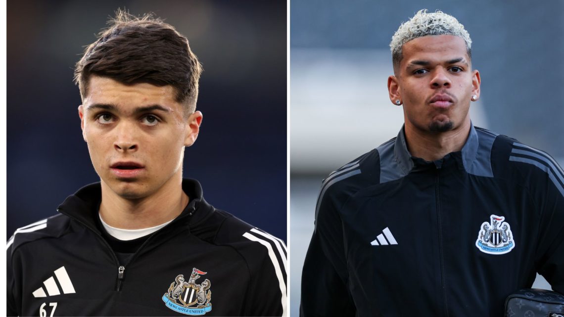 Lewis Miley of Newcastle United warms up ahead of the Premier League match between Leicester City FC and Newcastle United. Inset, William Osula of ...
