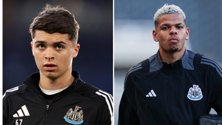 Lewis Miley of Newcastle United warms up ahead of the Premier League match between Leicester City FC and Newcastle United. Inset, William Osula of ...