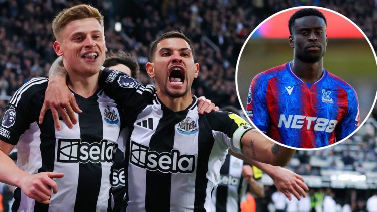 Harvey Barnes and Bruno Guimaraes of Newcastle United celebrate their side's second goal, an own goal from Marc Guehi of Crystal Palace. Inset, Mar...