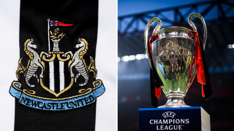 United FC on the jersey during the UEFA Champions League 2023/24 Group Stage Teams Jerseys Shoot. The UEFA Champions League trophy is seen on a pli...
