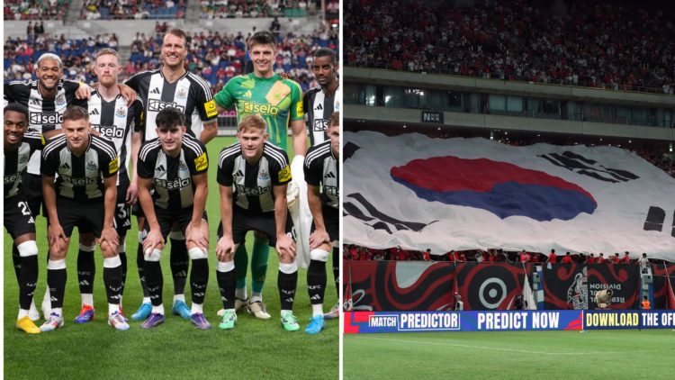 Split image showing, Players of Newcastle United pose for photograph during the J.LEAGUE International Series 2024 powered by docomo match between ...