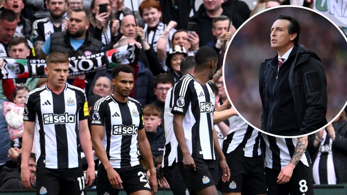 Sandro Tonali of Newcastle United celebrates scoring his team's first goal, as a fan of Newcastle United holds up a sign which reads "Sandro, Ole, ...