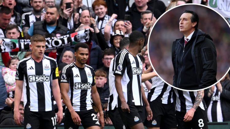 Sandro Tonali of Newcastle United celebrates scoring his team's first goal, as a fan of Newcastle United holds up a sign which reads "Sandro, Ole, ...