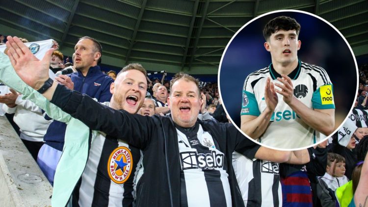 Newcastle United fans celebrate the win during the Premier League match between Leicester City FC and Newcastle United. Inset, Tino Livramento of N...