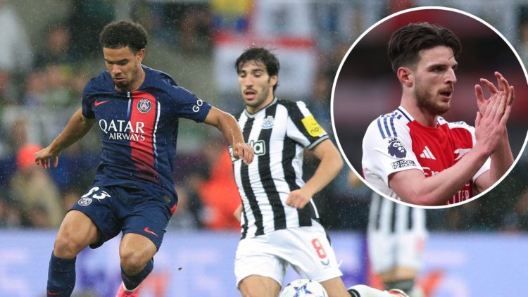 Warren Zaire-Emery of PSG and Fabian Schar of Newcastle United during the UEFA Champions League match between Newcastle United FC and Paris Saint-G...