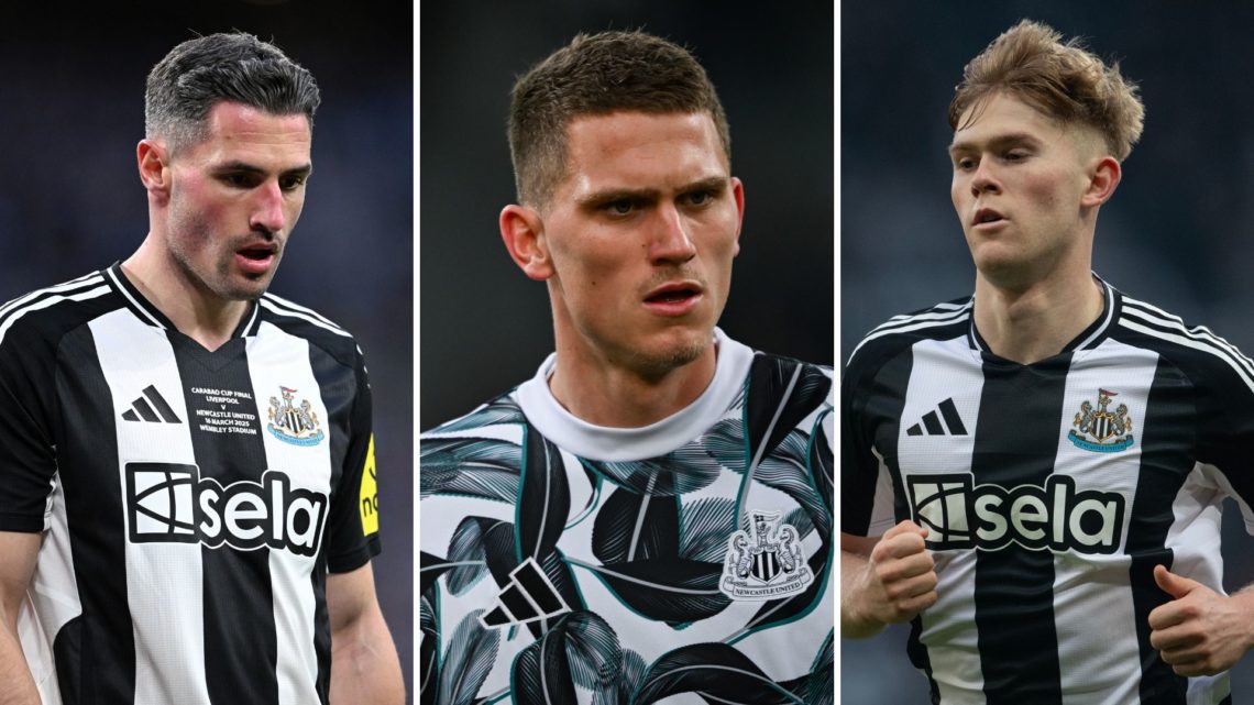 Split image showing Fabian Schaer of Newcastle United during the Carabao Cup Final between Liverpool and Newcastle United, Sven Botman of Newcastle...