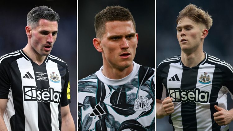 Split image showing Fabian Schaer of Newcastle United during the Carabao Cup Final between Liverpool and Newcastle United, Sven Botman of Newcastle...