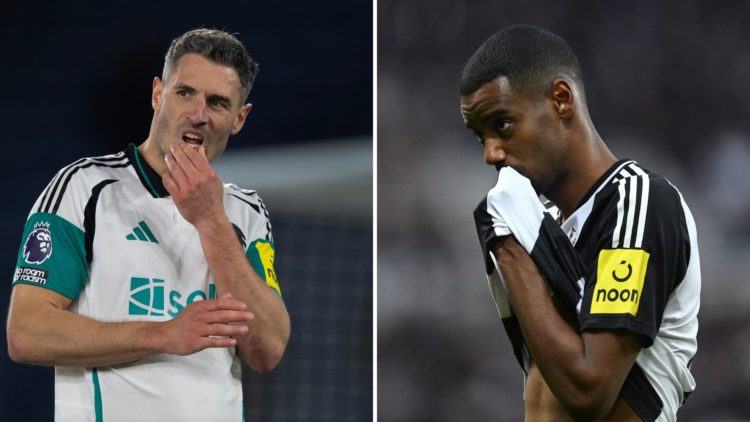 Split image of Fabian Schar of Newcastle United during the Premier League match between Leicester City and Alexander Isak of Newcastle United react...