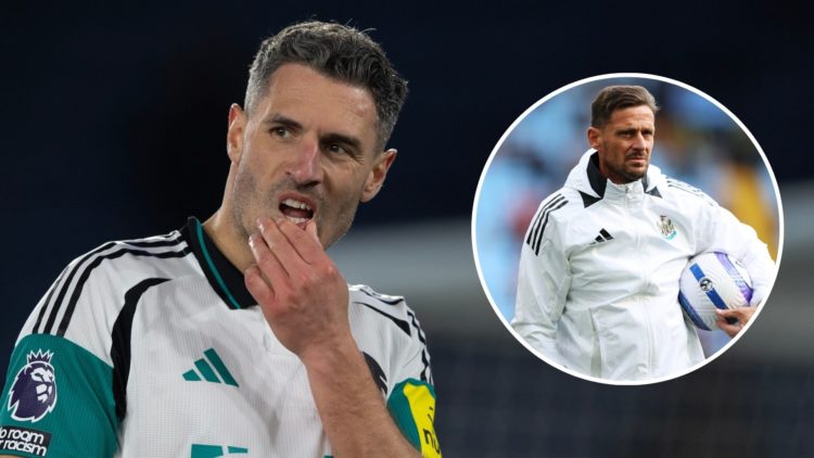 Fabian Schar of Newcastle United during the Premier League match between Leicester City FC and Newcastle United. Inset, Jason Tindall, Assistant Ma...