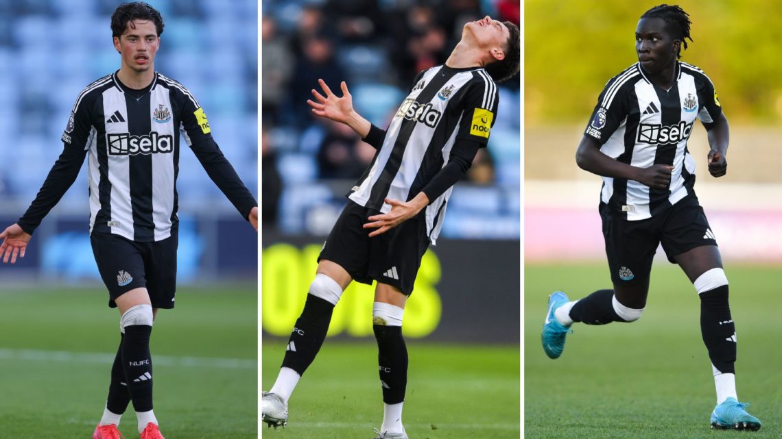 Split image of Leo Shahar of Newcastle United during the Premier League 2 match between Manchester City U21 and Newcastle United U21 and Sean Neave...