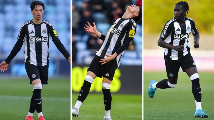 Split image of Leo Shahar of Newcastle United during the Premier League 2 match between Manchester City U21 and Newcastle United U21 and Sean Neave...