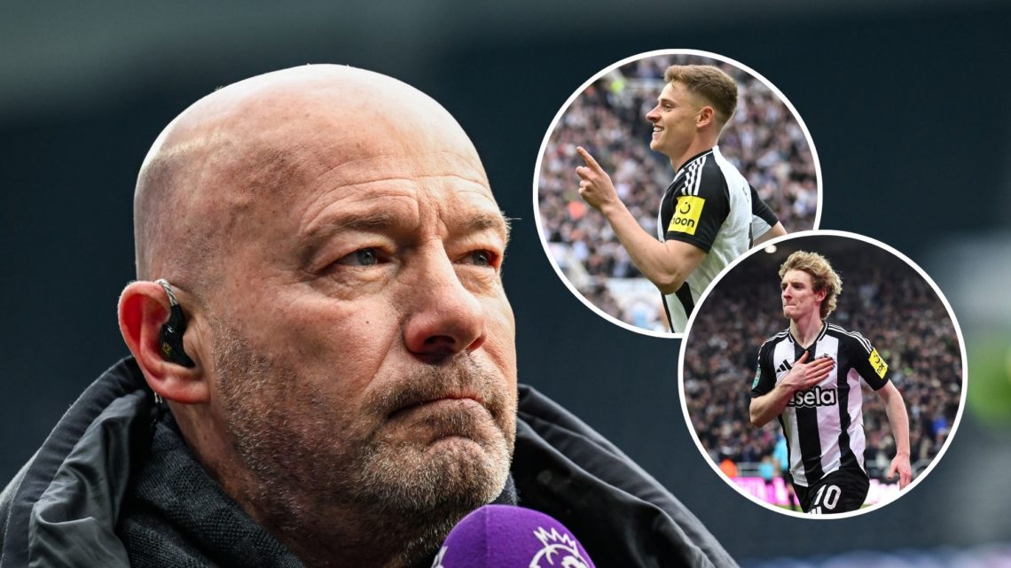 Newcastle Legend Alan Shearer pitchside for the Premier League match between Tottenham Hotspur FC and Newcastle United. Inset 1, #11 Harvey Barnes ...