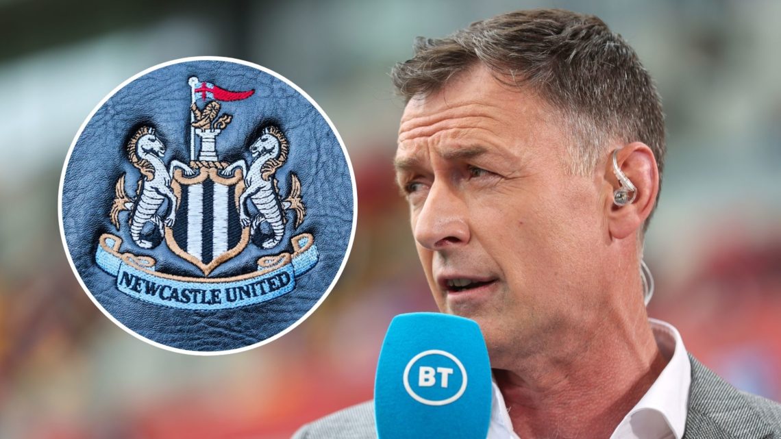 Former Norwich, Celtic and Blackburn footballer, Chris Sutton. Inset of a Newcastle United crest on a seat in the dug out of St James' Park.
