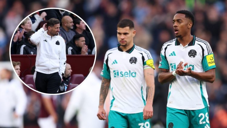 Joe Willock of Newcastle United acknowledges the fans following the Premier League match between Aston Villa FC and Newcastle United. Inset, Jason ...