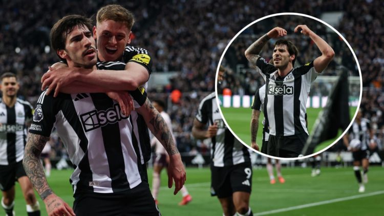 Sandro Tonali of Newcastle United FC #8 celebrates with teammates after scoring Newcastle's second goal during the Premier League match between New...