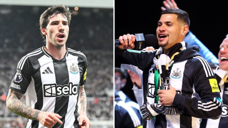 Split image of Sandro Tonali celebrates his goal during the Premier League match between Newcastle United and Brentford and Bruno Guimaraes of Newc...