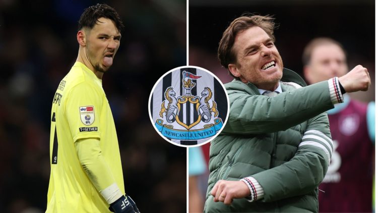 Split image showing James Trafford of Burnley reacts during the Sky Bet Championship match between Burnley FC and Stoke City and Scott Parker, Mana...