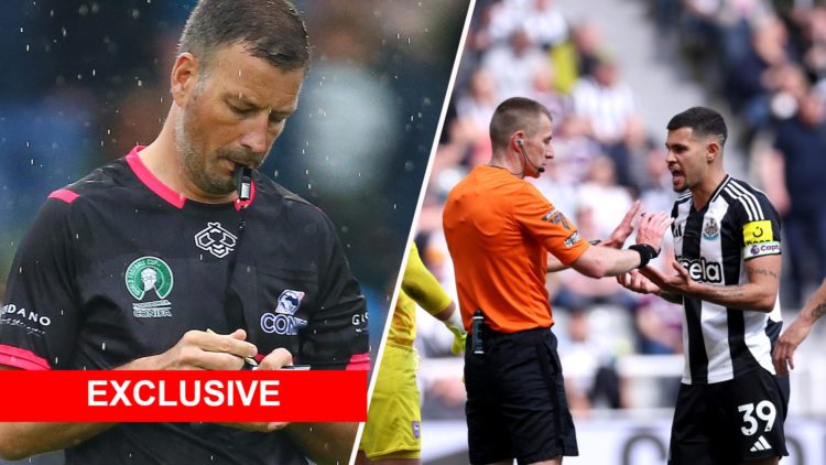 Split image: Mark Clattenburg writes a name into his book (L). Bruno Guimaraes argues with a referee (R)
