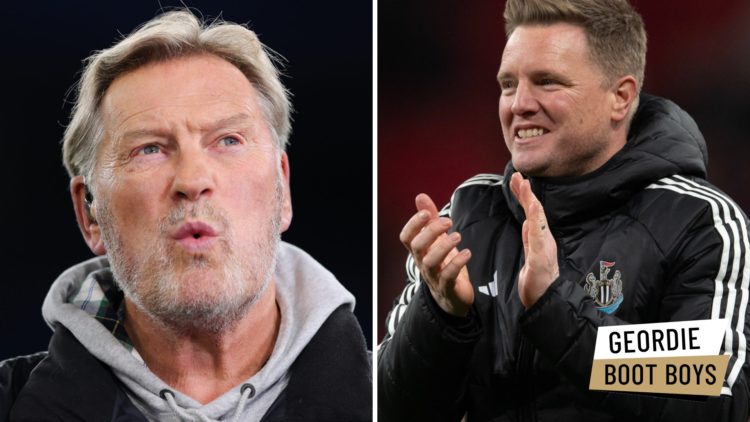Glenn Hoddle reacts on punditry duty. Eddie Howe celebrates winning the Carabao Cup with Newcastle United.