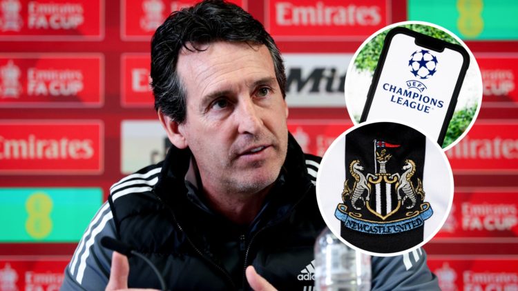 Unai Emery during a pre-match press conference, Newcastle United badge, Champions League logo