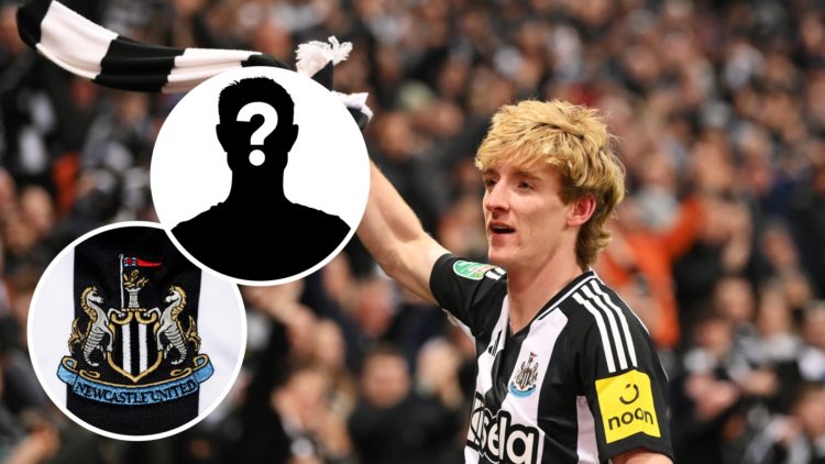 Anthony Gordon waves Newcastle United scarf, Newcastle United badge