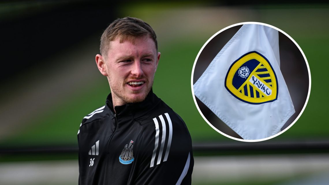 Sean Longstaff in Newcastle United training, Leeds United badge on a corner flag
