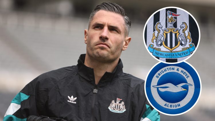 Fabian Schar arrives at St James' Park, Newcastle United badge on a flag, Brighton badge on a seat at the Amex Stadium