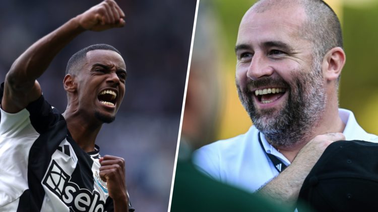 Alexander Isak celebrates scoring for Newcastle United, Newcastle United sporting director Paul Mitchell laughing