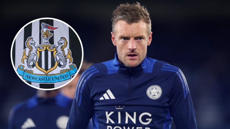 Jamie Vardy warming up for Leicester City, Newcastle United badge on a flag