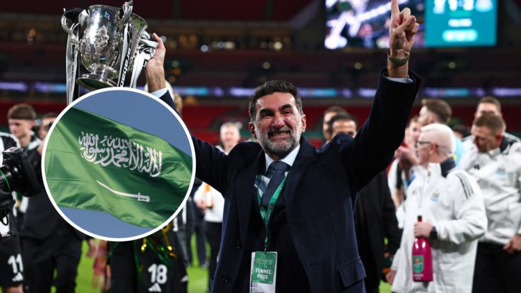Newcastle United chairman Yasir Al-Rumayyan with the Carabao Cup, Saudi Arabia flag