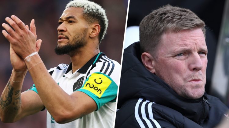 Joelinton claps the Newcastle United fans, Eddie Howe in the dugout at St James' Park