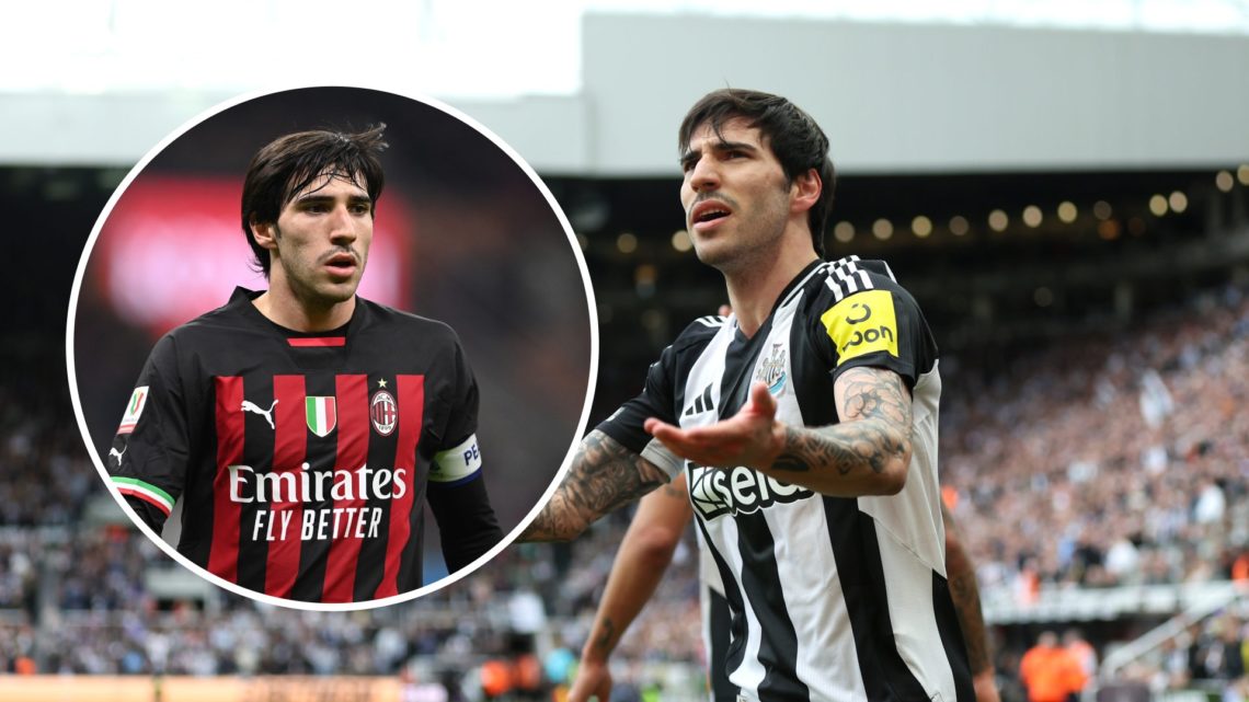 Sandro Tonali playing for Newcastle United, Sandro Tonali playing for AC Milan in 2023