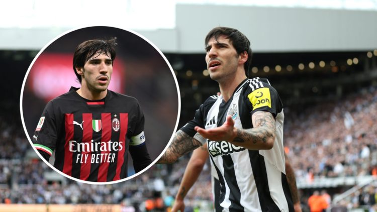 Sandro Tonali playing for Newcastle United, Sandro Tonali playing for AC Milan in 2023