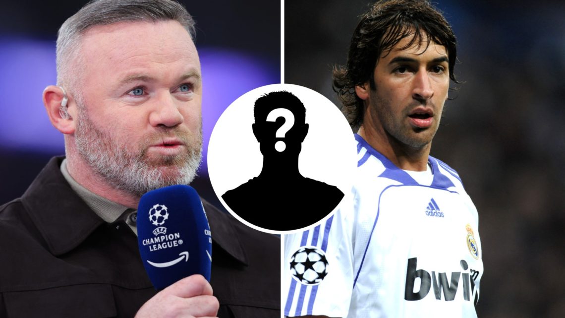 Wayne Rooney on punditry duty for Amazon Prime and Raul Gonzalez playing for Real Madrid with a mystery player logo in the middle.