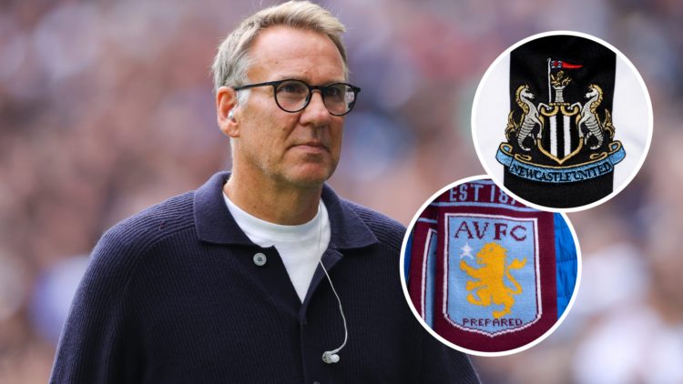 Paul Merson doing punditry, Newcastle United badge, Aston Villa badge on a scarf