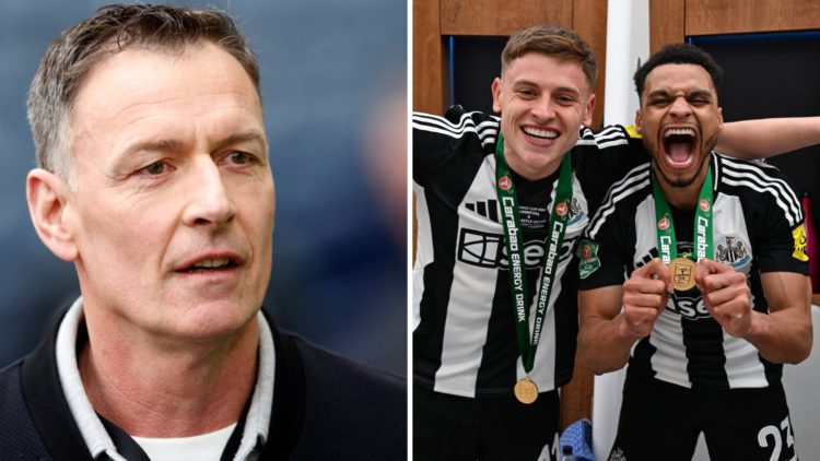 Chris Sutton doing punditry, Harvey Barnes and Jacob Murphy celebrate after Newcastle won the Carabao Cup