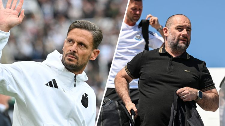 Jason Tindall waves to Newcastle United fans, sporting director Paul Mitchell exits a plane