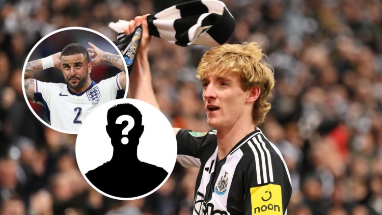 Anthony Gordon waves a Newcastle United scarf, Kyle Walker playing for England, mystery player