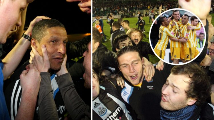Chris Hughton celebrates with Newcastle fans, Andy Carroll celebrates with Newcastle fans, Newcastle players after scoring vs Plymouth