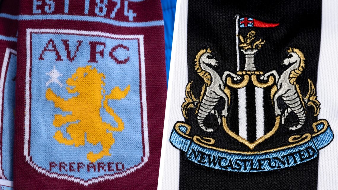The official Aston Villa club badge on a scarf worn by a fan during the Premier League match between Aston Villa and Brentford FC. A detailed view ...